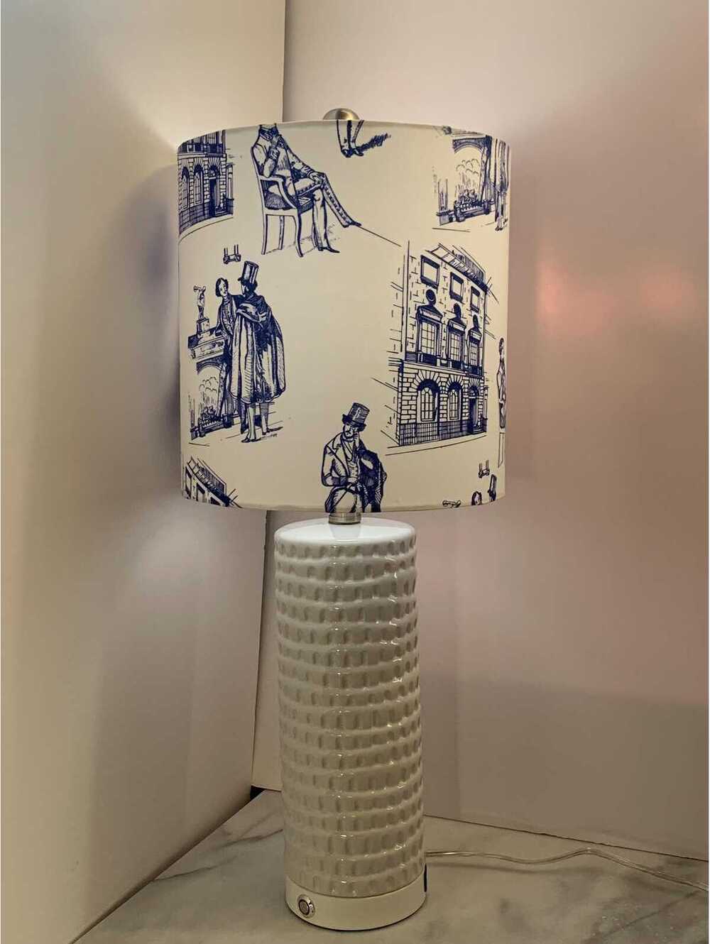Gorgeous handmade drum lampshade. Contemporary fabric design by Carrot+Platypus